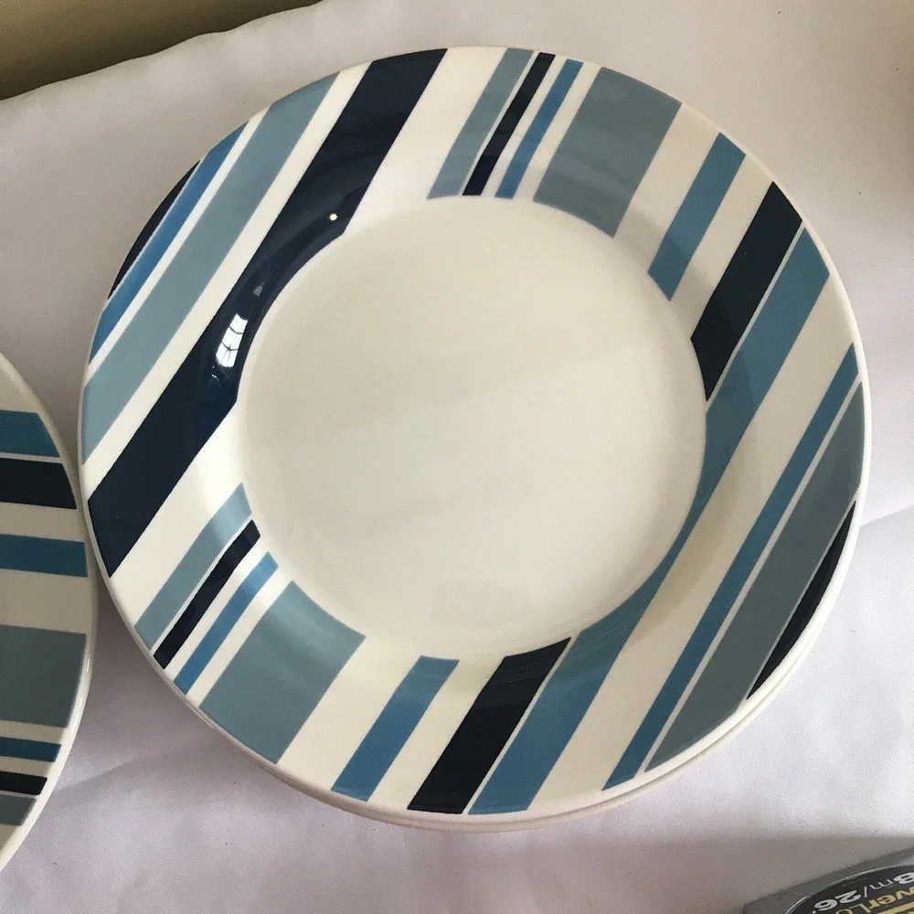 Pier 1 Marea Dinner Blue & White Stripes‎ Earthenware Made in Italy set of 4